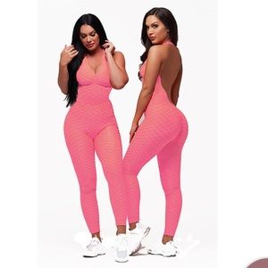 Brazilian honeycomb halter jumpsuit with scrunch